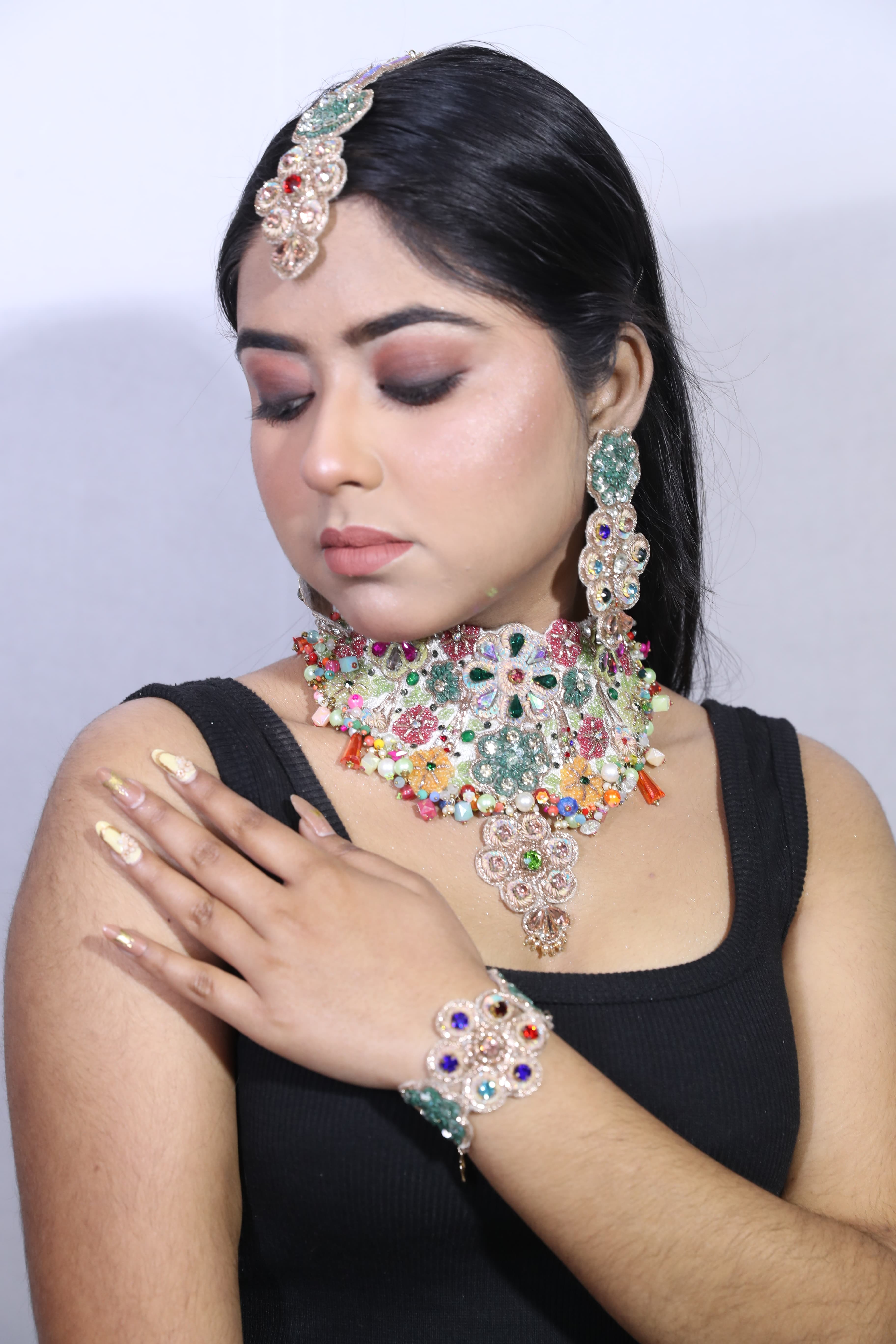 Begum's Bridal Multicolor Fabric Necklace Set with Glass Stones, Earrings & Maang Tika alt